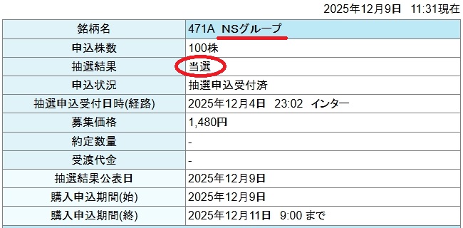 NSグループ当選のお知らせ