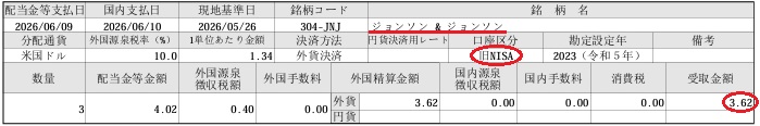 2026年6月に受け取ったジョンソンエンドジョンソンの旧NISA口座配当金明細