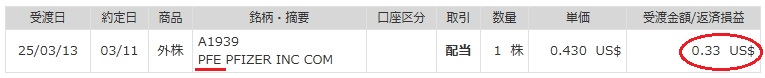 ファイザーの2025年3月特定口座配当金支払通知書