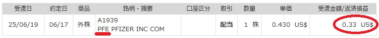 ファイザーの2025年6月特定口座配当金支払通知書