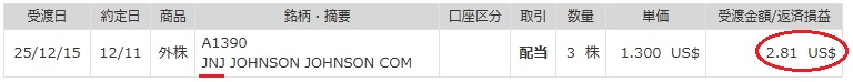 2025年12月に受け取ったジョンソンエンドジョンソンの特定口座配当金明細