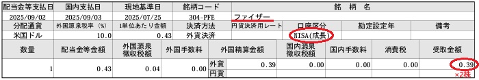 ファイザーの2025年9月NISA口座配当金支払通知書