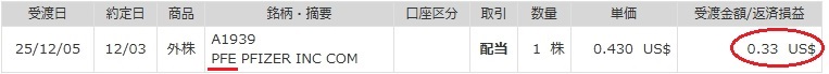 ファイザーの2025年12月特定口座配当金支払通知書