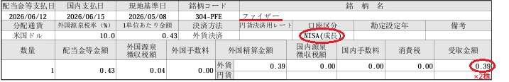 ファイザーの2026年6月NISA口座配当金支払通知書