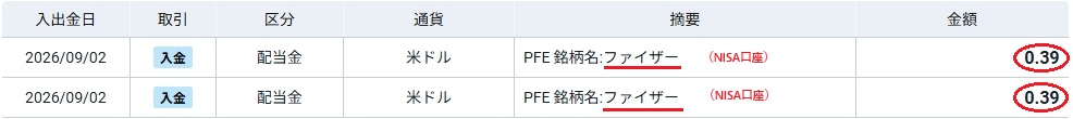 ファイザーの2026年9月NISA口座配当金支払通知書
